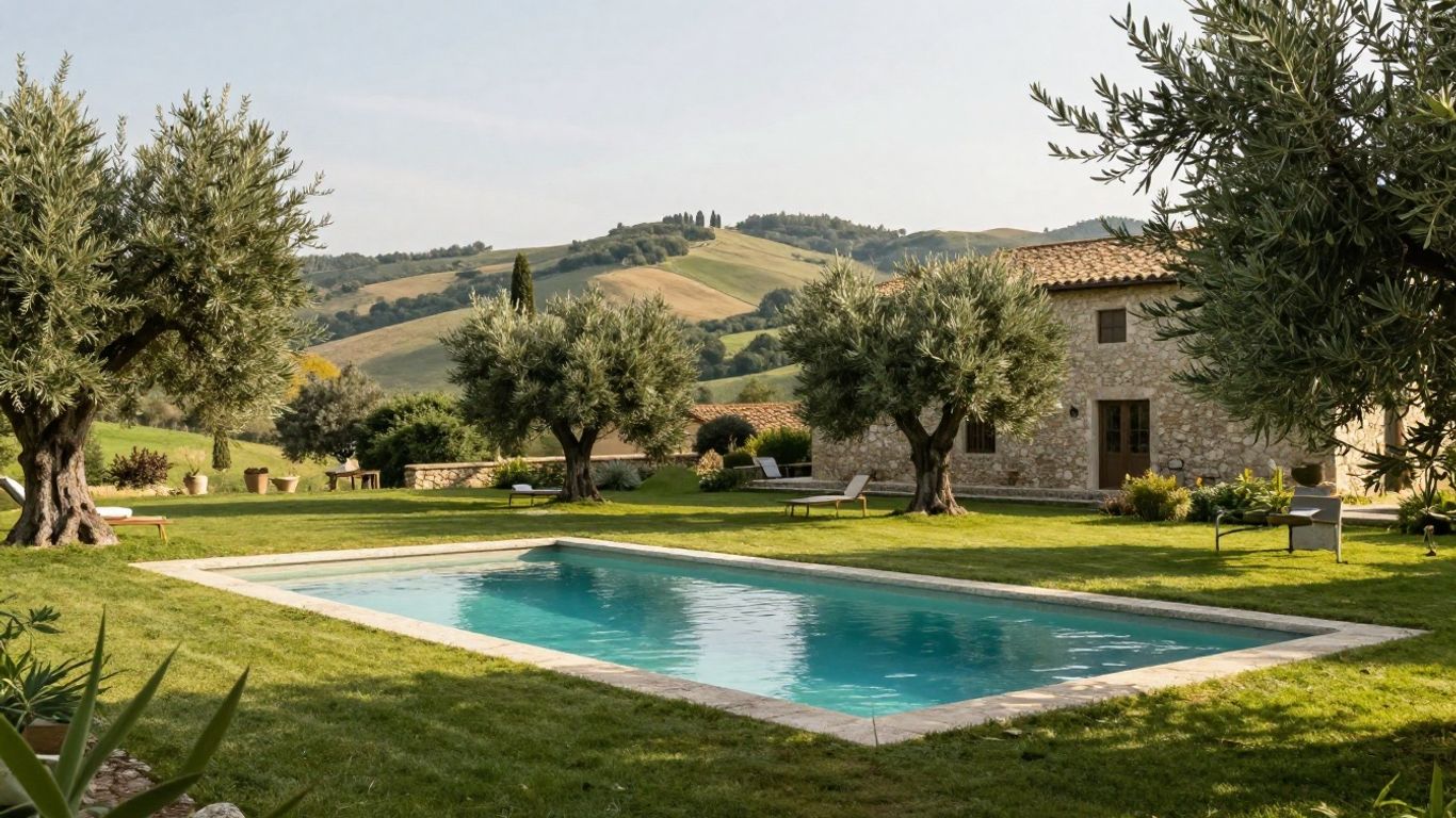 Ruhiger Retreat-Innenhof mit Pool und Grünfläche