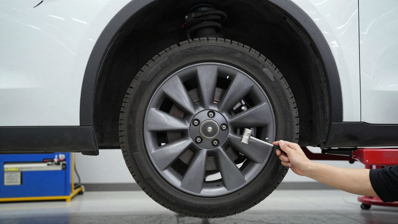 Technician inspecting a Model 3 wheel hub