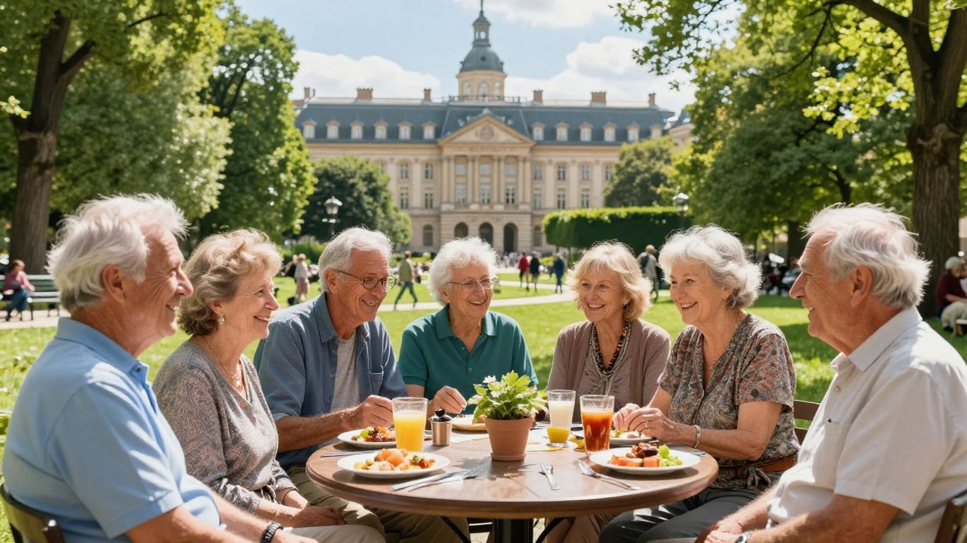 Elderly people enjoying a park in Europe.