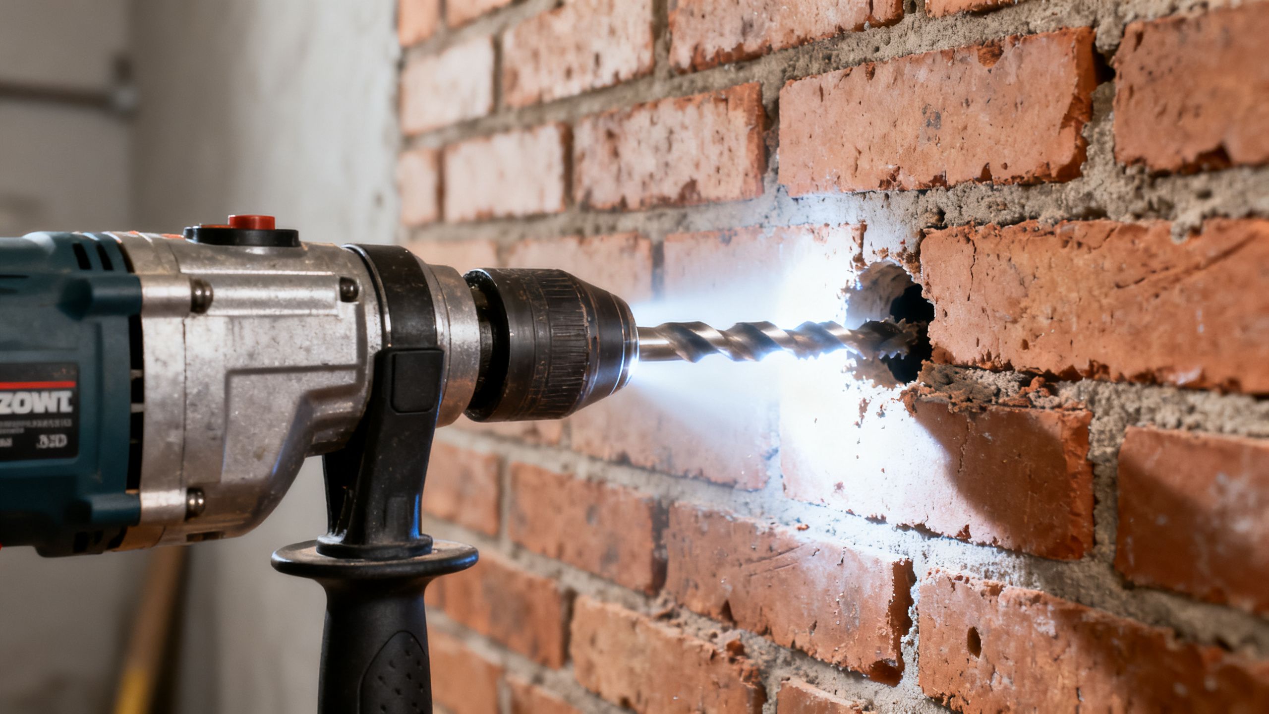 SDS rotary hammer using a TCT core bit to cut a service hole through a soft brick wall