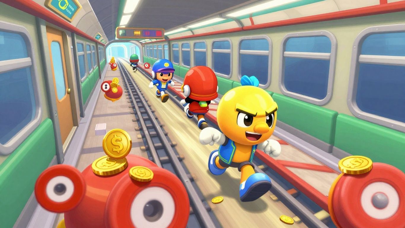 Subway Surfers characters running and collecting coins.