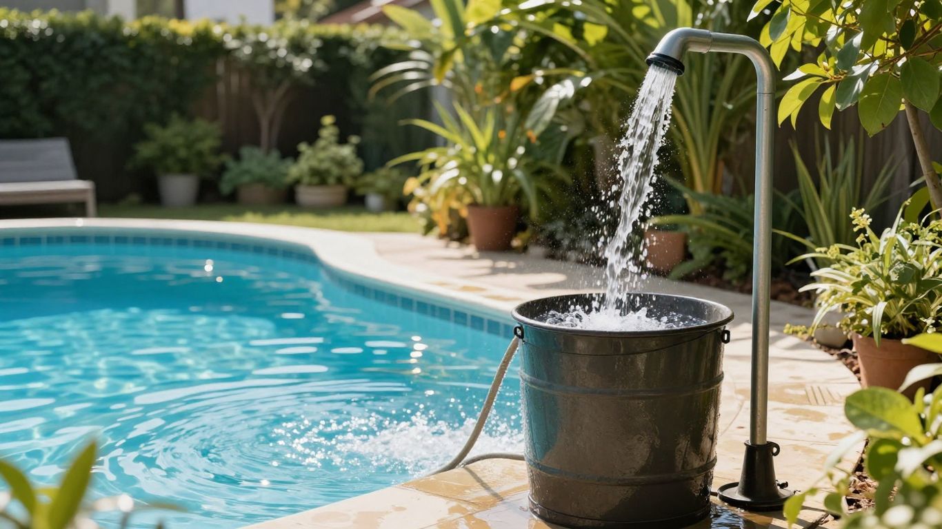 Rainwater collected for pool and garden water features.