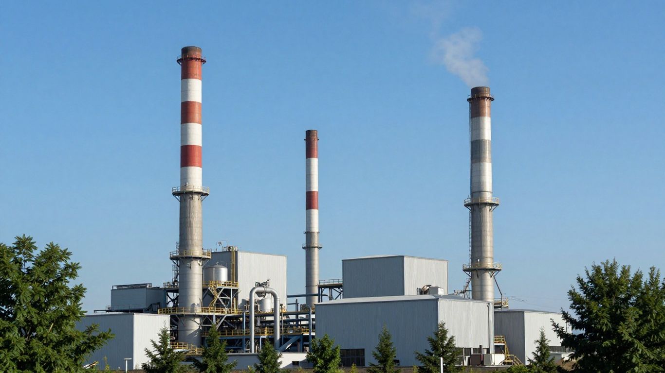 Usine moderne avec cheminées émettant peu de vapeur blanche.