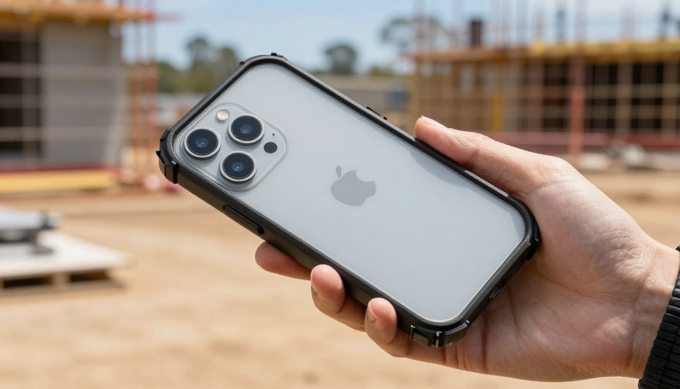 A builder on a construction site in Australia using an iPhone 15 Pro in a durable, rugged case.
