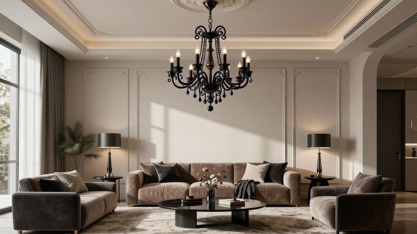 Elegant black chandelier in a modern living room.