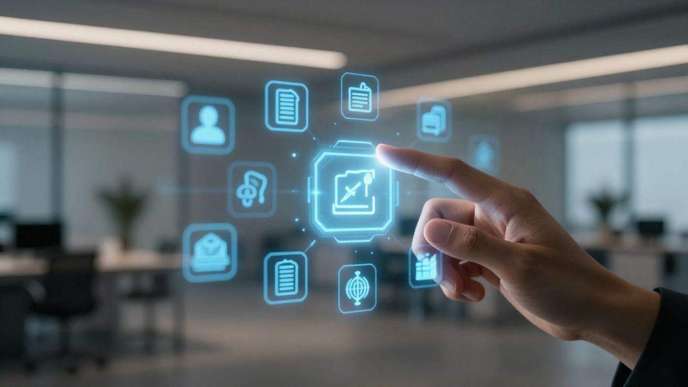 Hand interacting with futuristic shortcut icons on a digital interface.