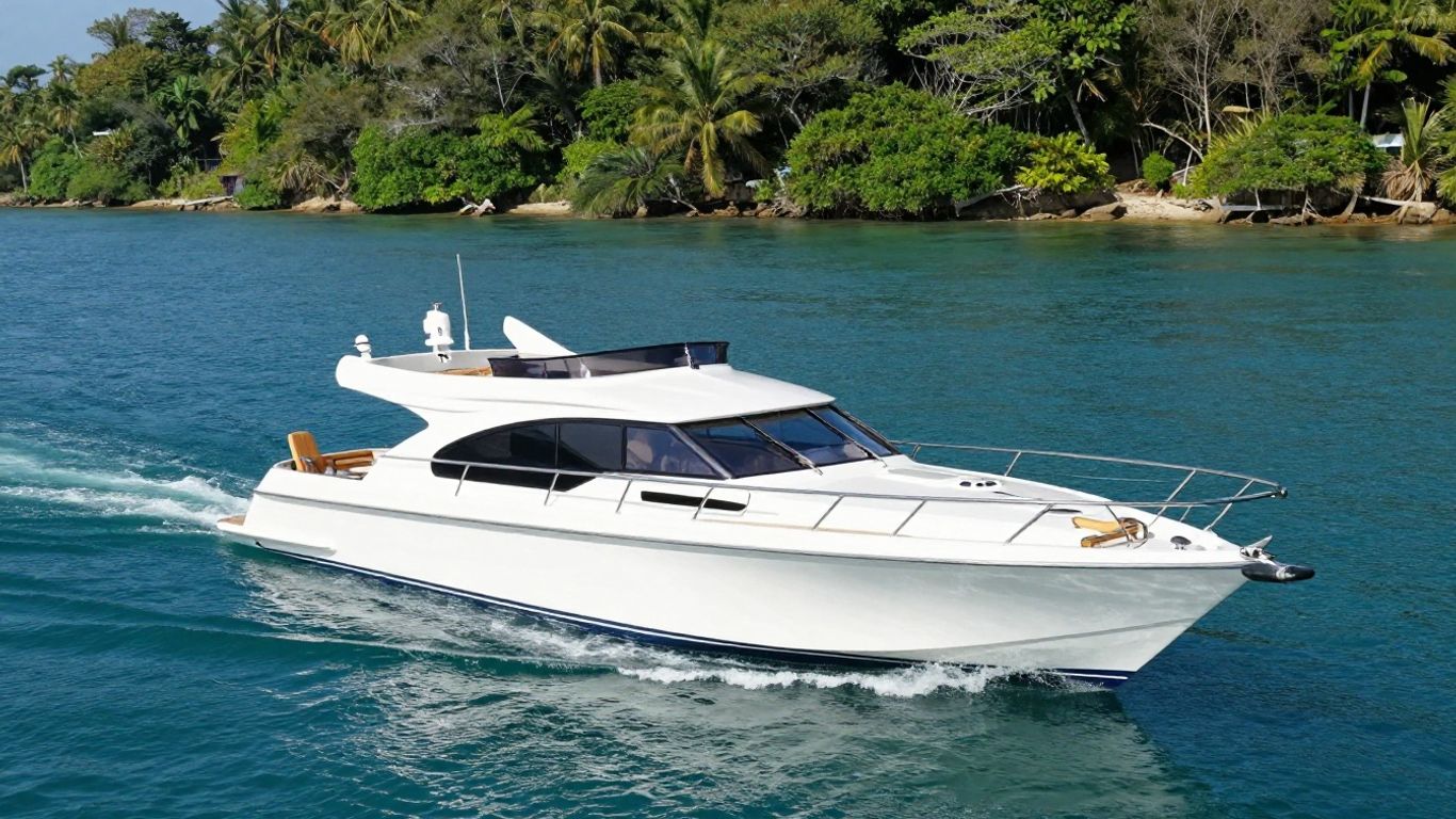 Luxurious Usher boat sailing on calm blue water.