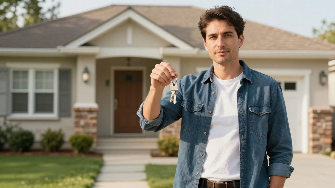 Propietario seguro frente a casa de alquiler con llaves.