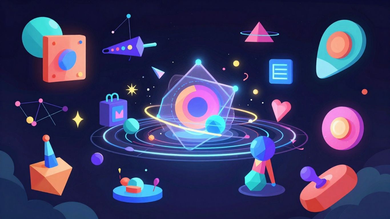 Abstract mathematical shapes and AI interface in a game-like setting.