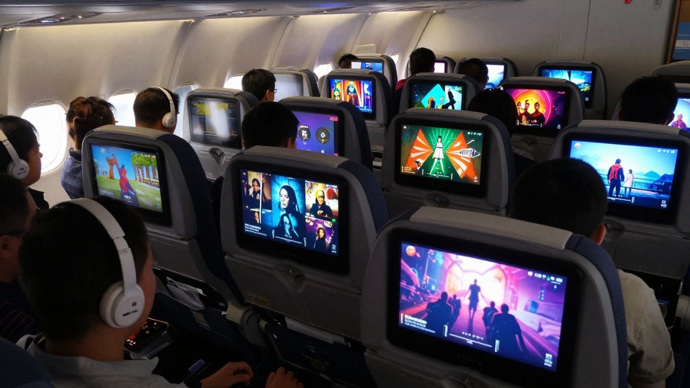 Airplane entertainment screens with movies and music.