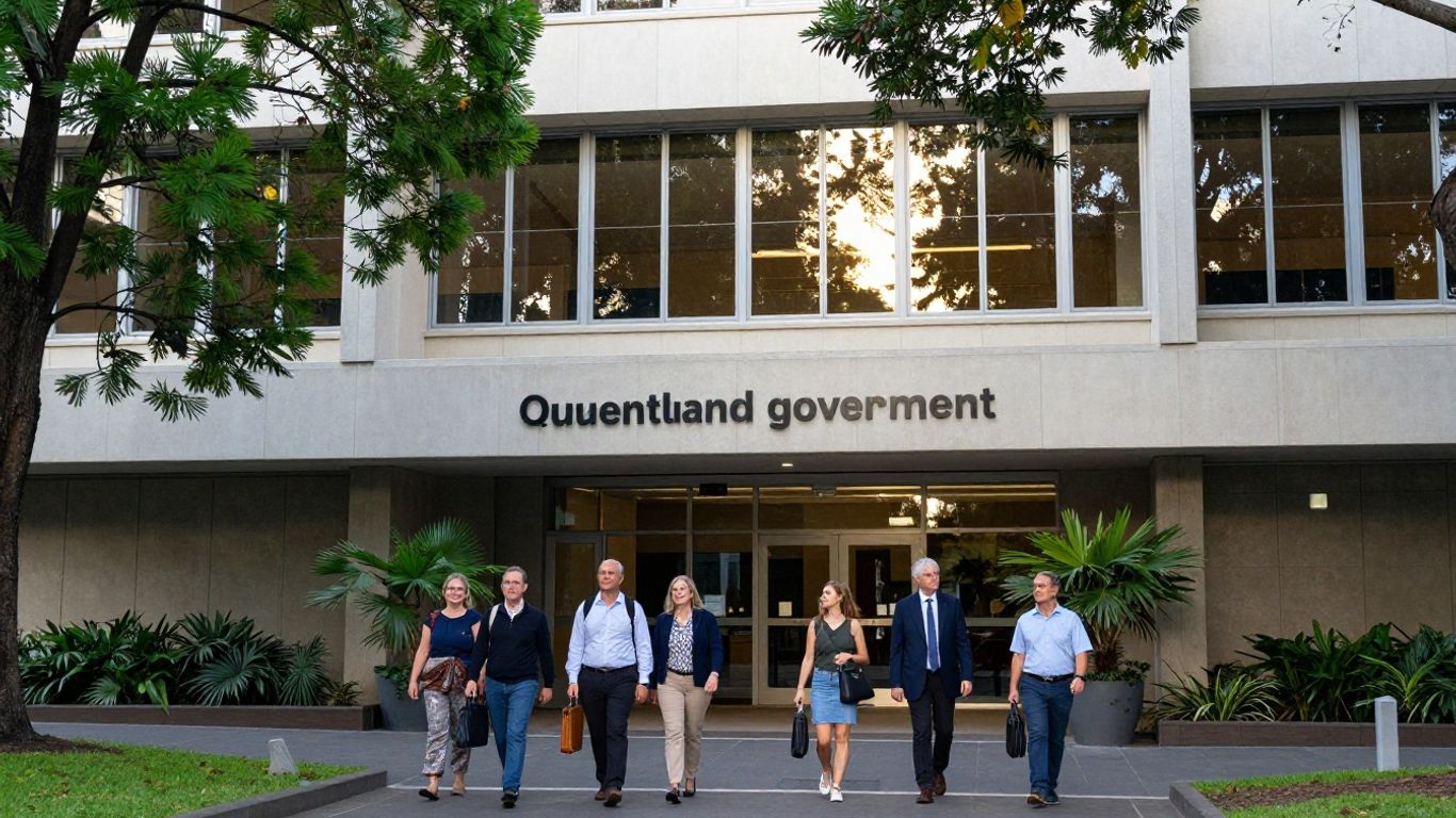 Queensland Government building with people approaching.