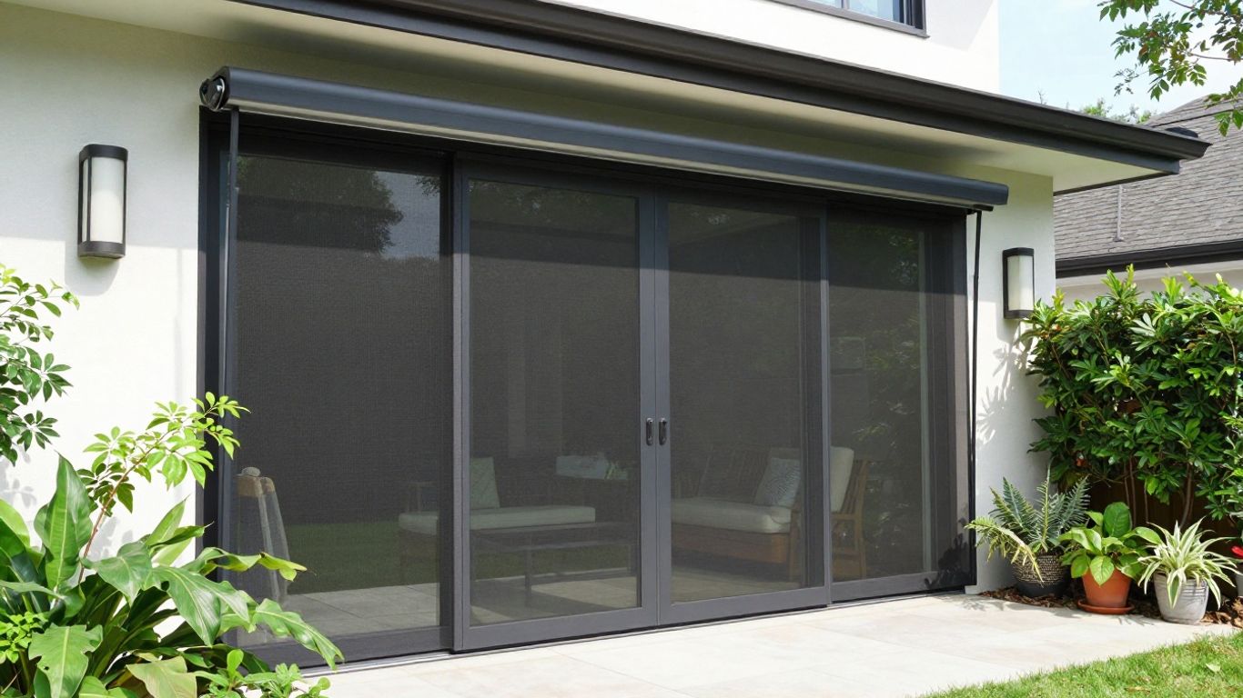 Motorized retractable screen descending on a patio.