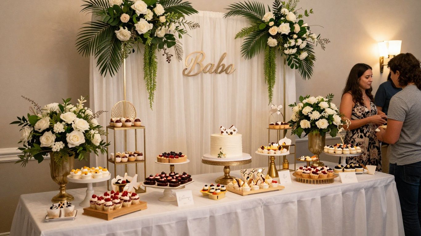 Elegant baby shower venue with floral decor and dessert table.