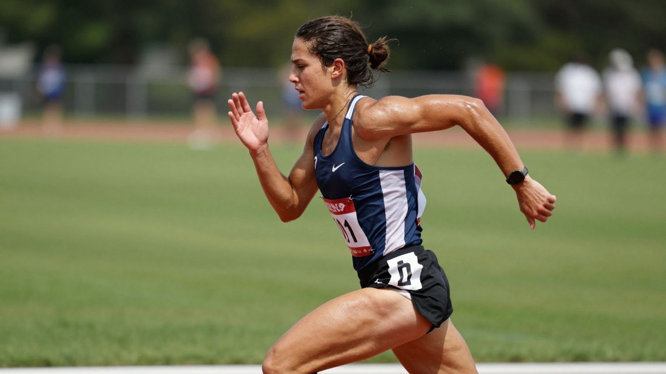 Runner sprinting on a track with intense focus.