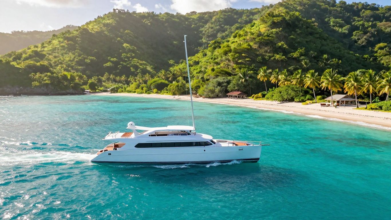 Catamaran sailing in Grenada's clear turquoise waters.