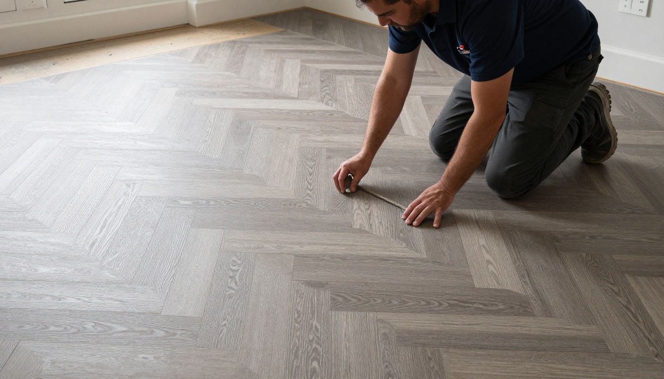 An installer from Seamless Floors carefully laying a Dry Back LVT herringbone pattern on a prepared subfloor.