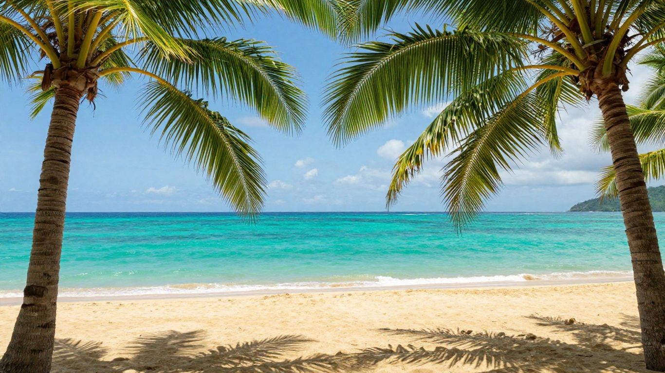 Tropical beach with palm trees and clear blue water.