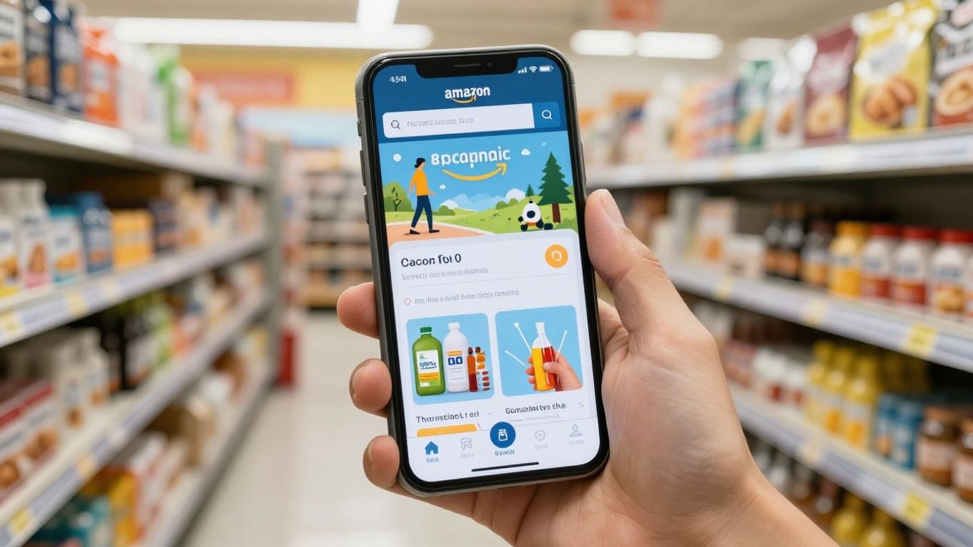 Amazon product page on a smartphone with marketplace background.