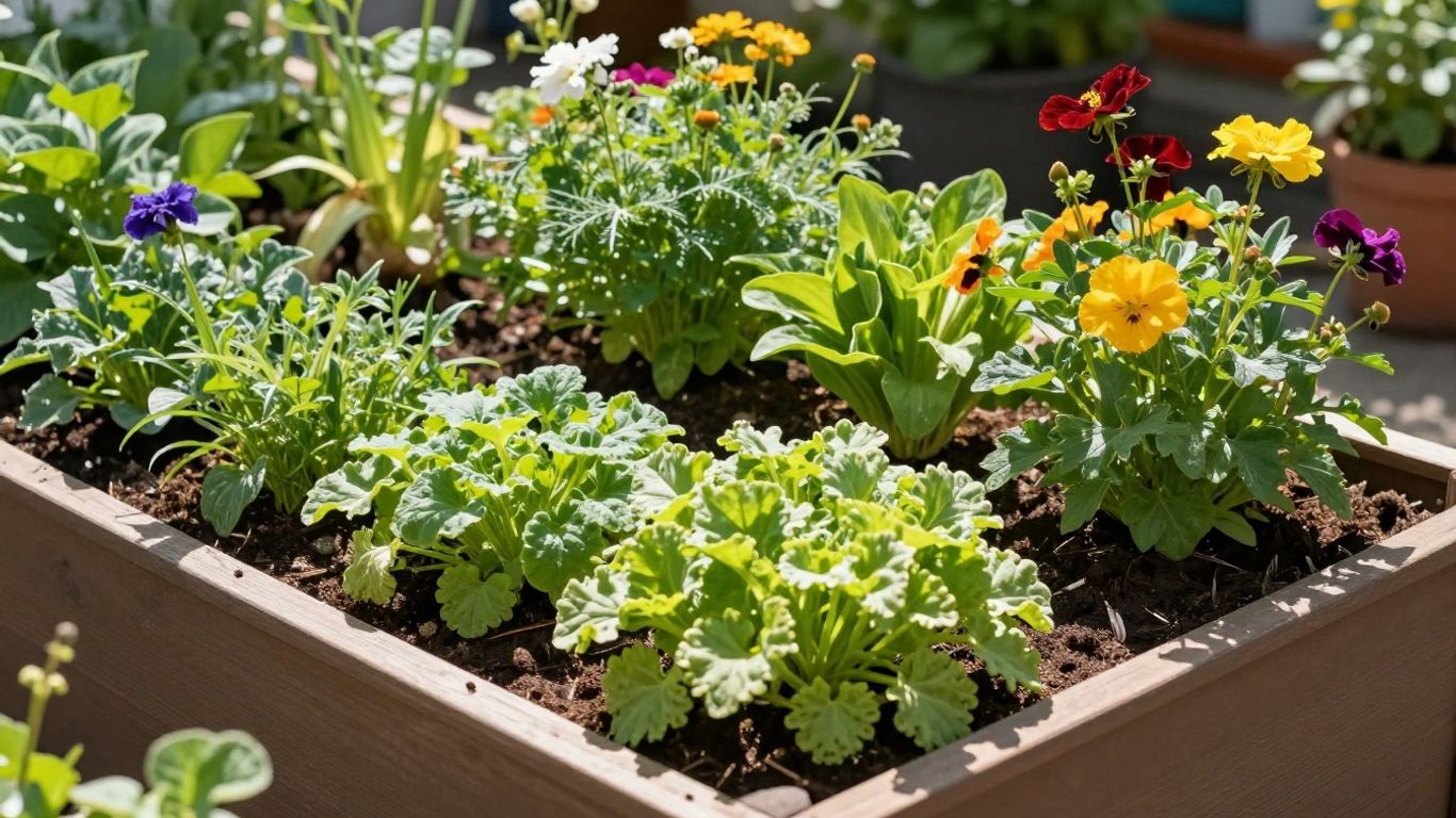 Hochbeet mit bunten Blumen und Pflanzen auf einem Balkon.