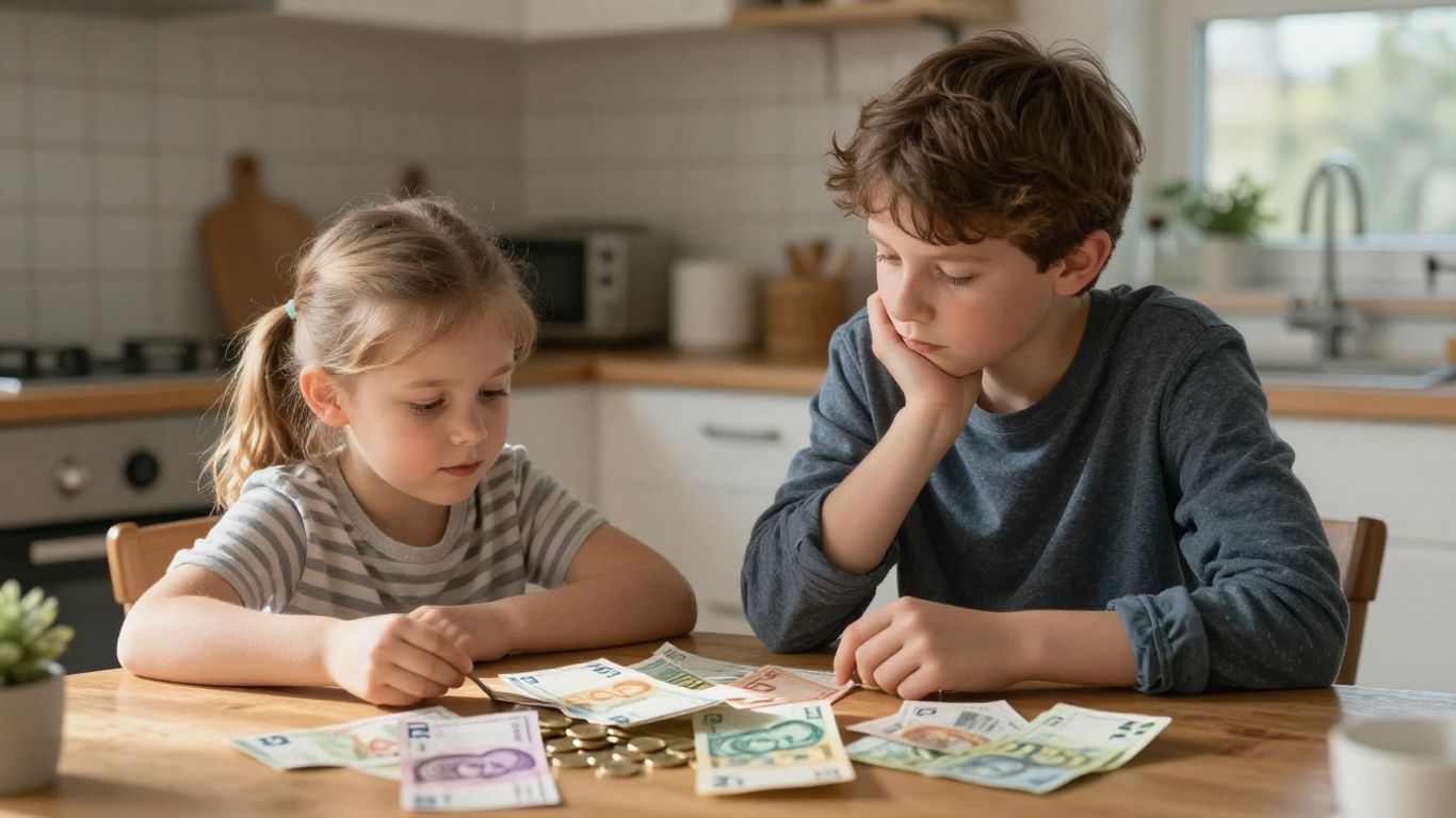 Gezin aan tafel met geld en rekeningen.