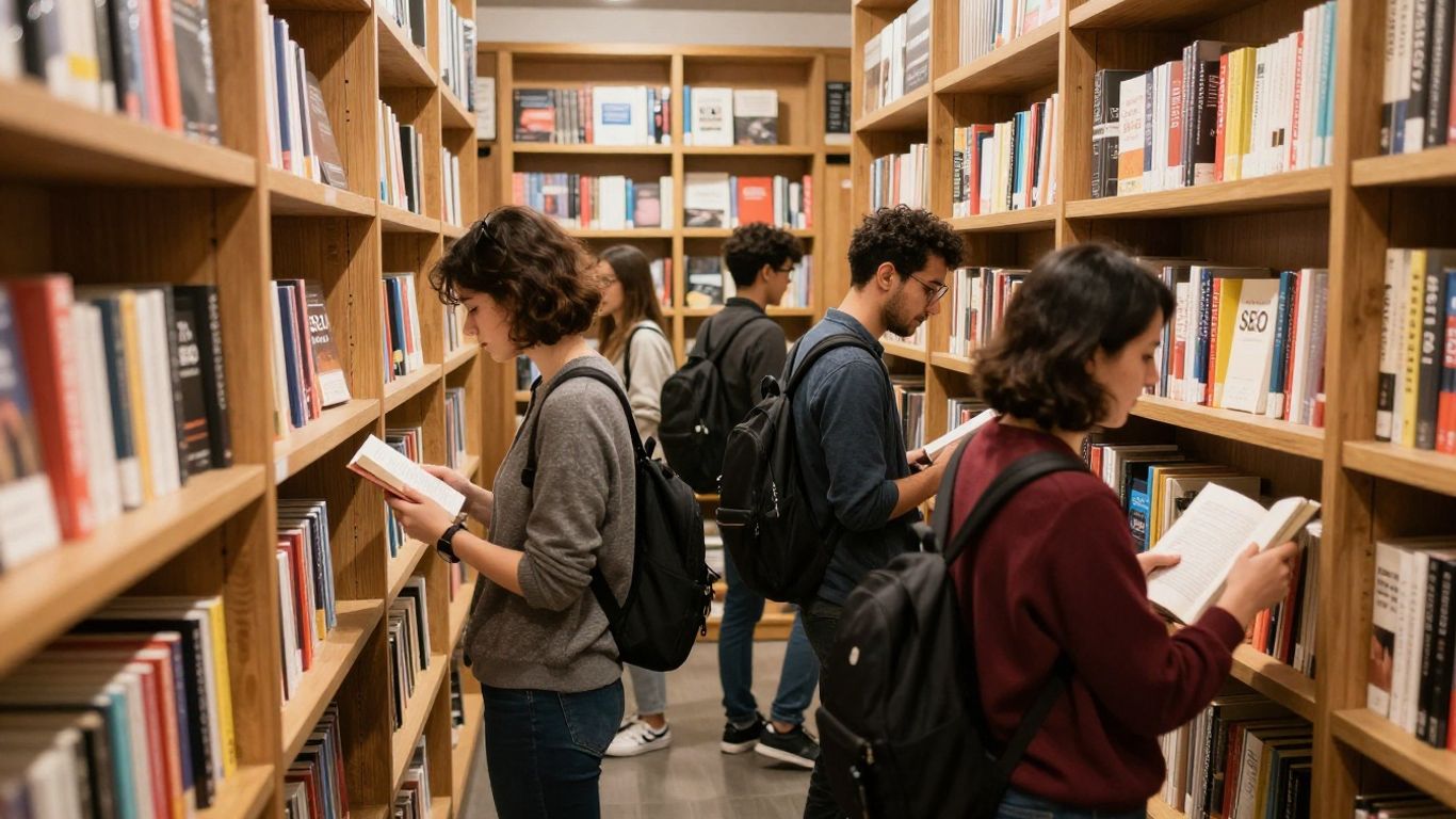 People searching shelves of SEO books in bookstore