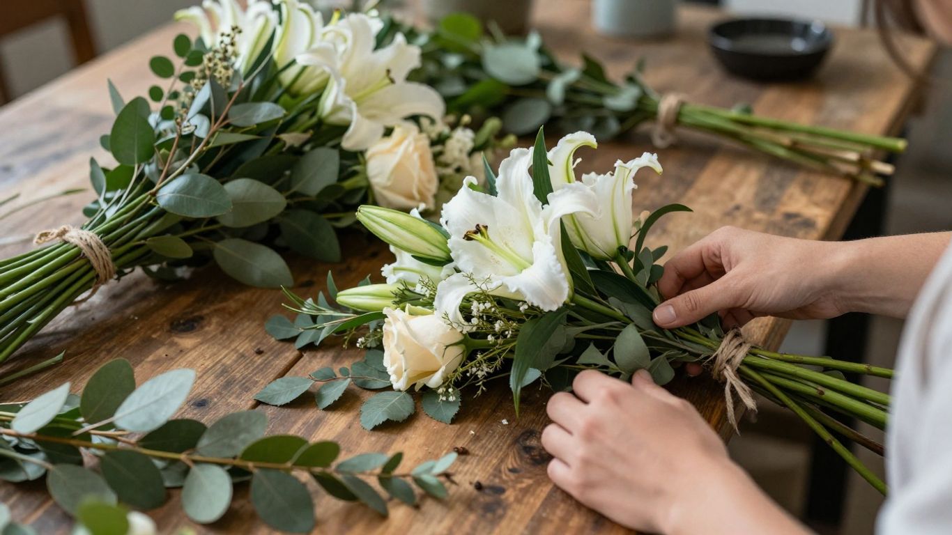 Florist preparing a gentle sympathy arrangement