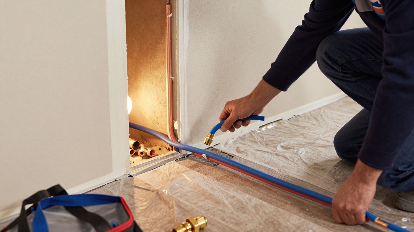 Plumber inspecting residential water lines near an open wall