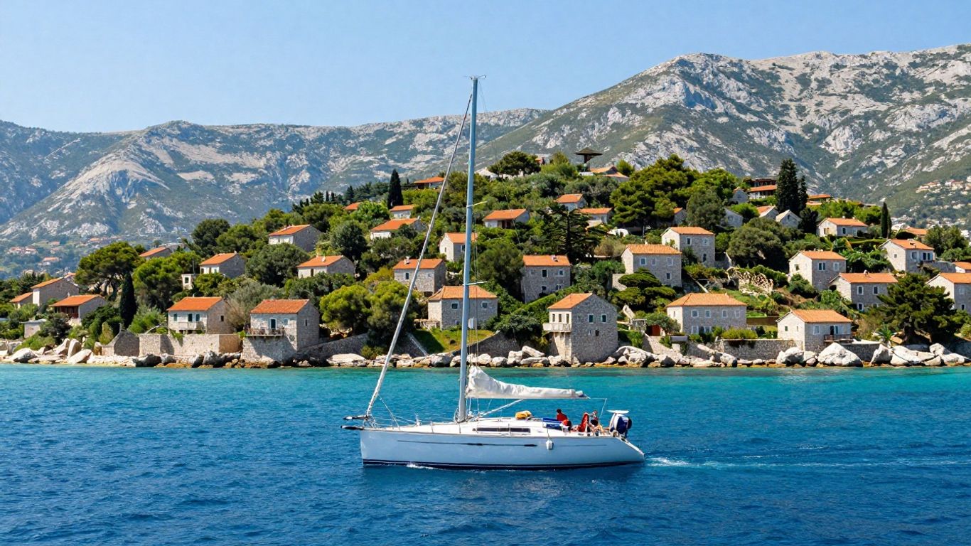 Sailboat navigating clear turquoise waters near Croatian islands.