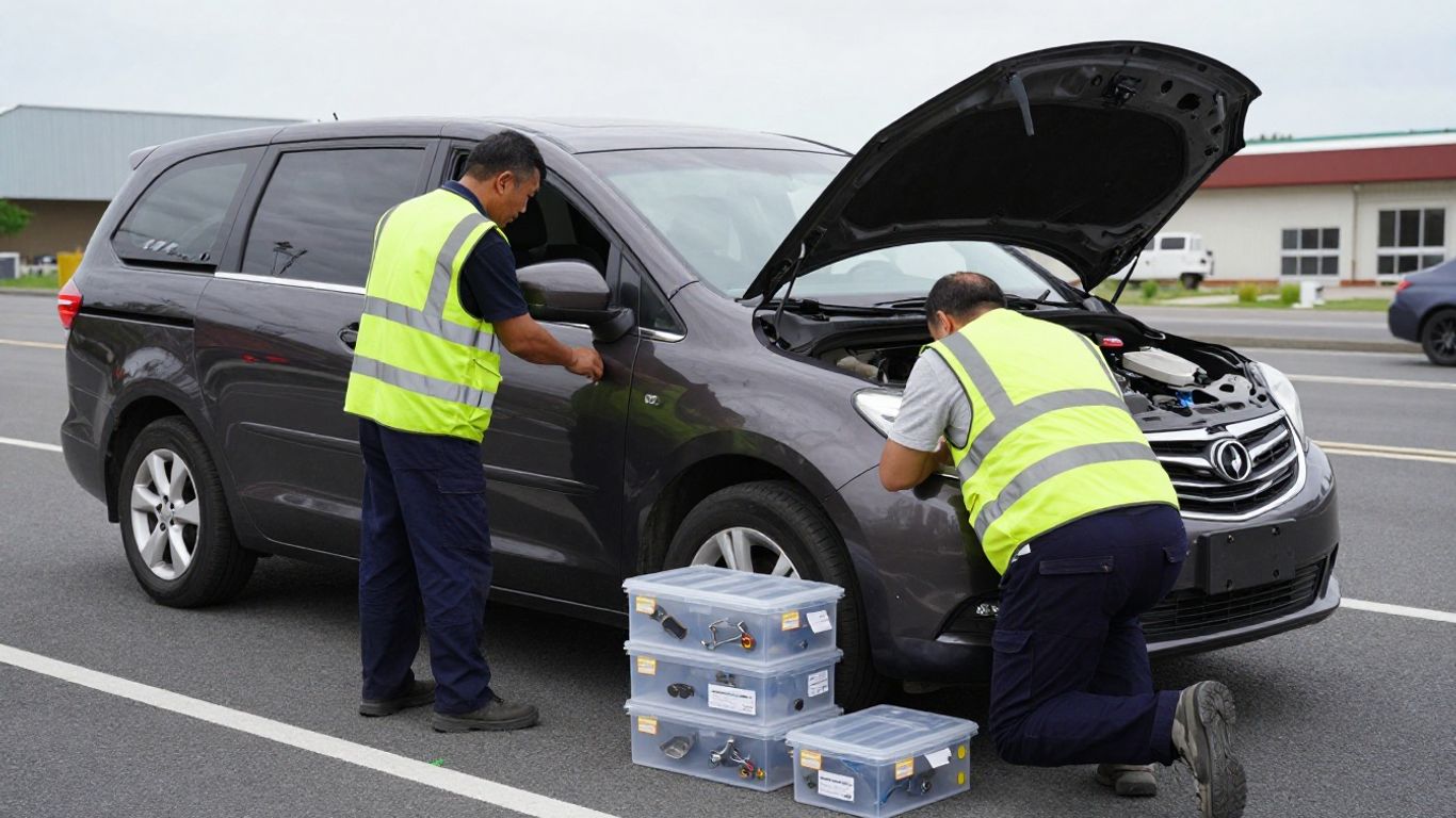 Mechanic checking replacement parts beside disabled vehicle