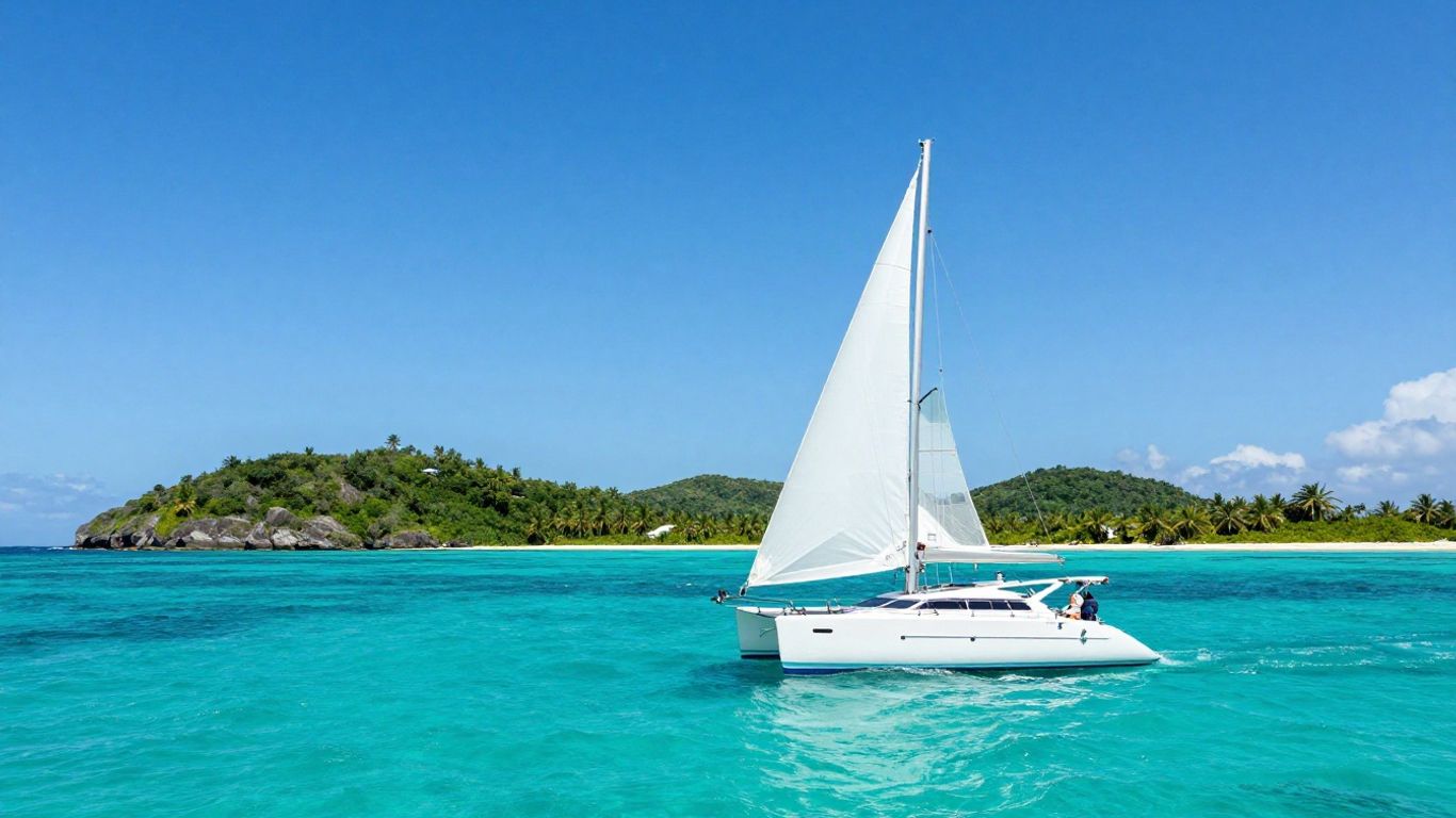 Catamaran sailing in clear turquoise waters of the BVI.