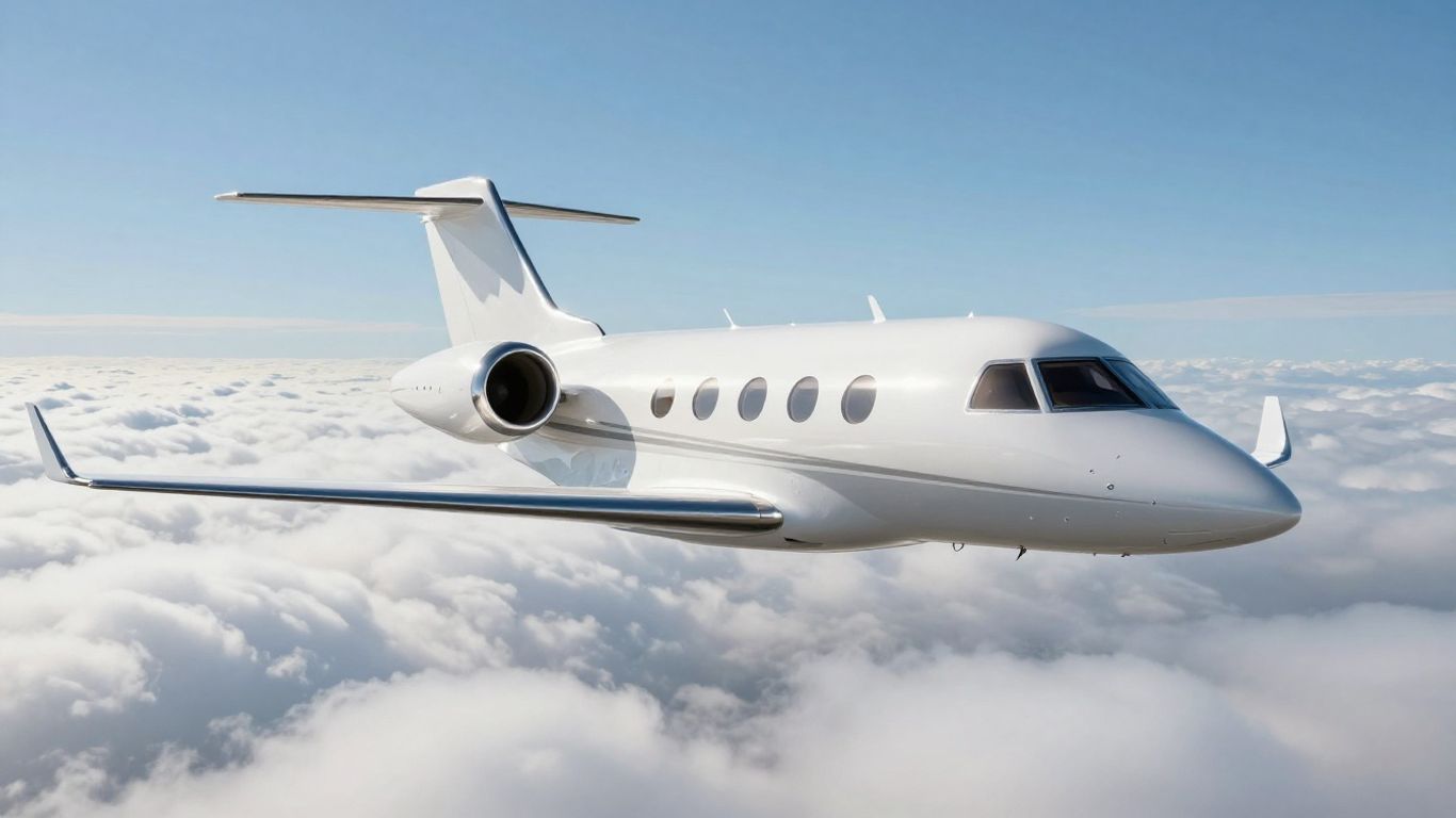 Private jet flying high above clouds.