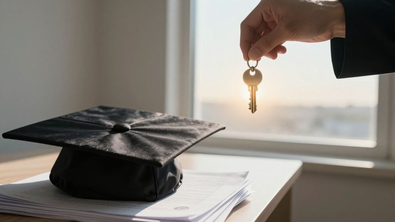 Graduation cap on documents, path to bright future.