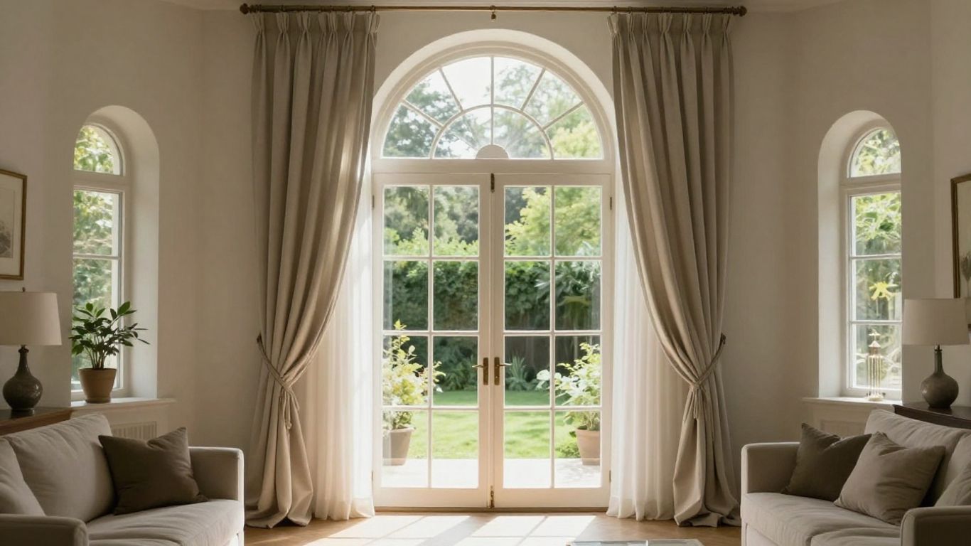 Arched window with elegant drapes and garden view.