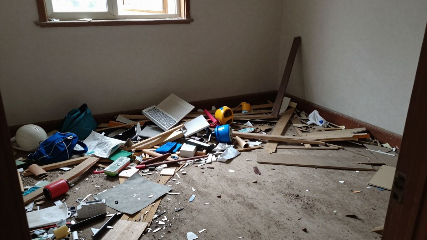 Casa dañada inhabitable con pertenencias esparcidas.