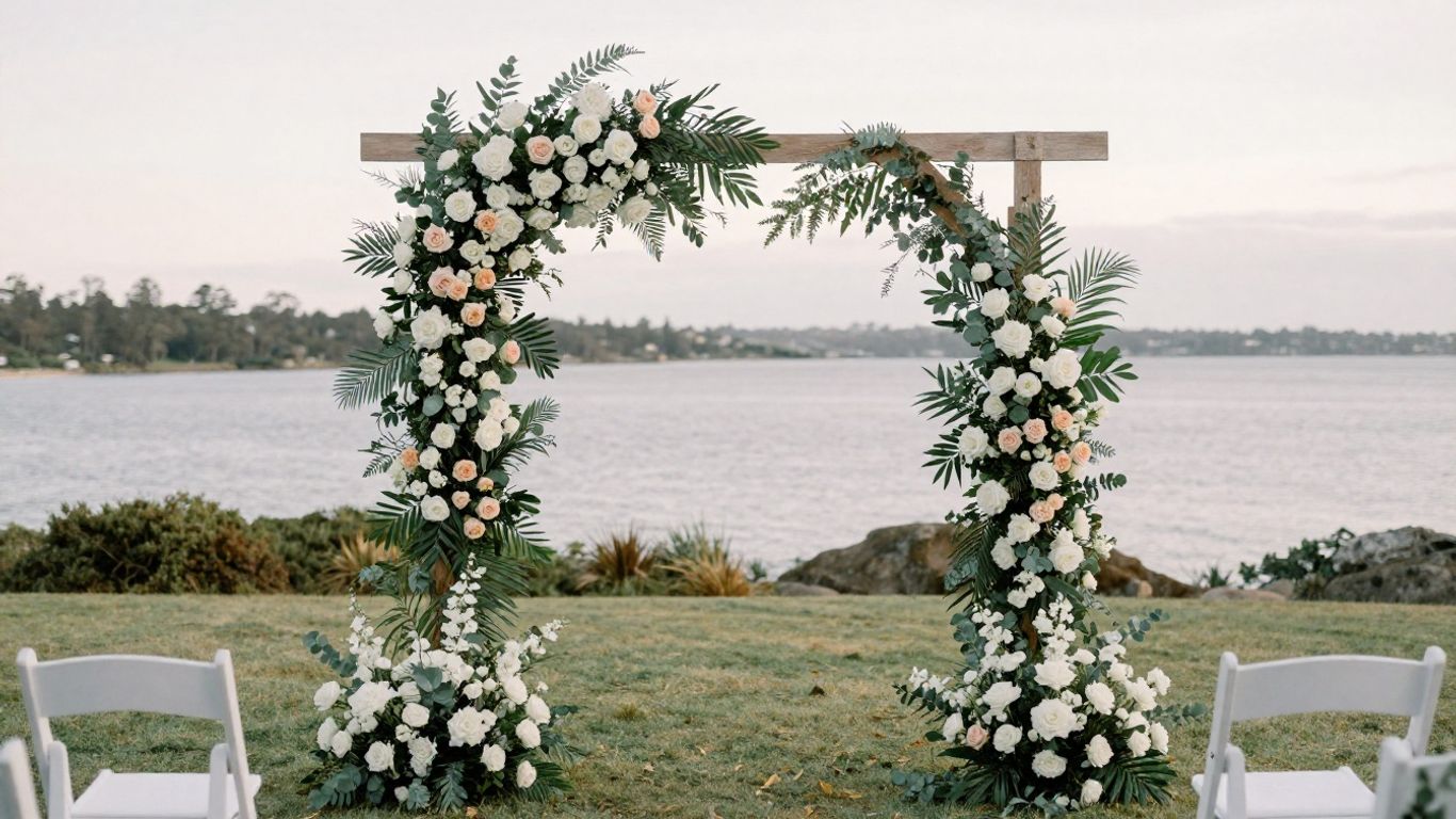 Seasonal wedding arch flowers by the bay