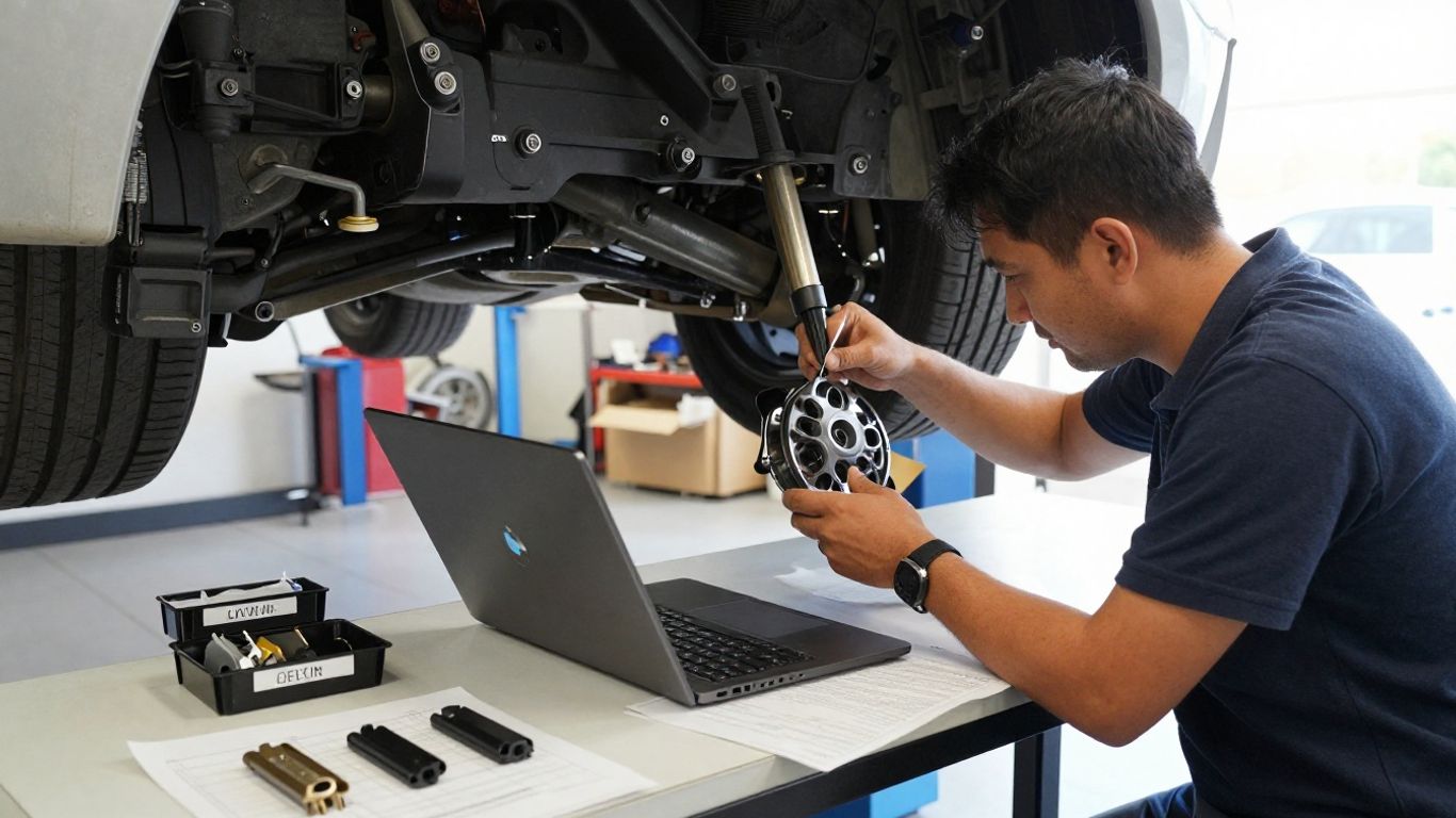 Technician checking BMW component details beside repair vehicle