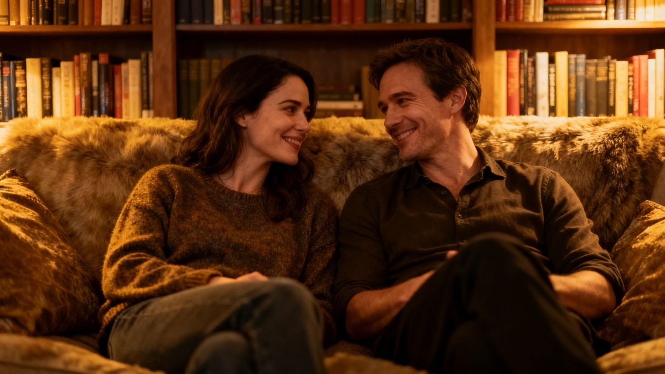 Couple relaxing on a sofa surrounded by books.