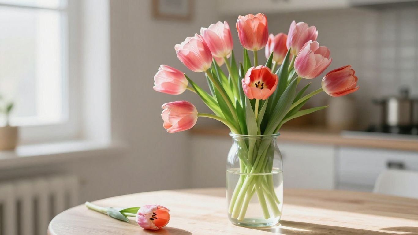 Pink and coral tulips arranged in a glass vase