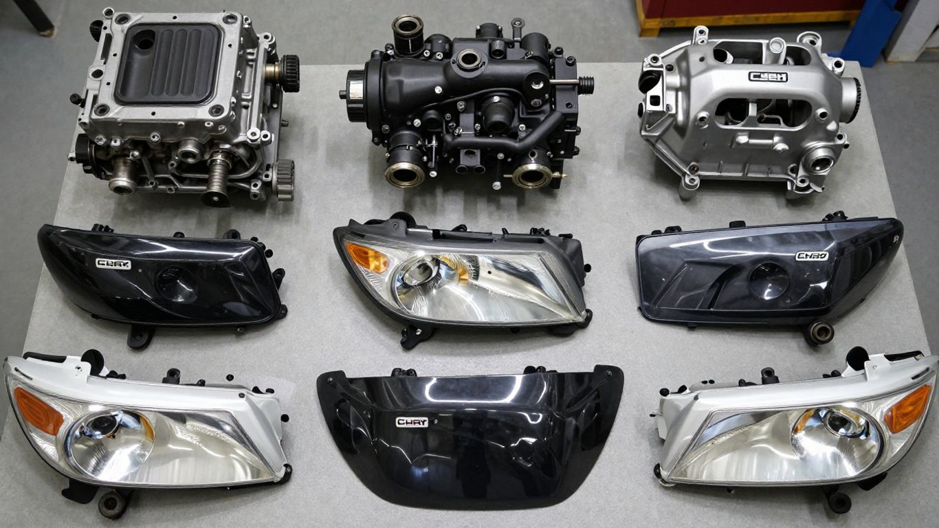 Chery spare parts laid out on a workbench.