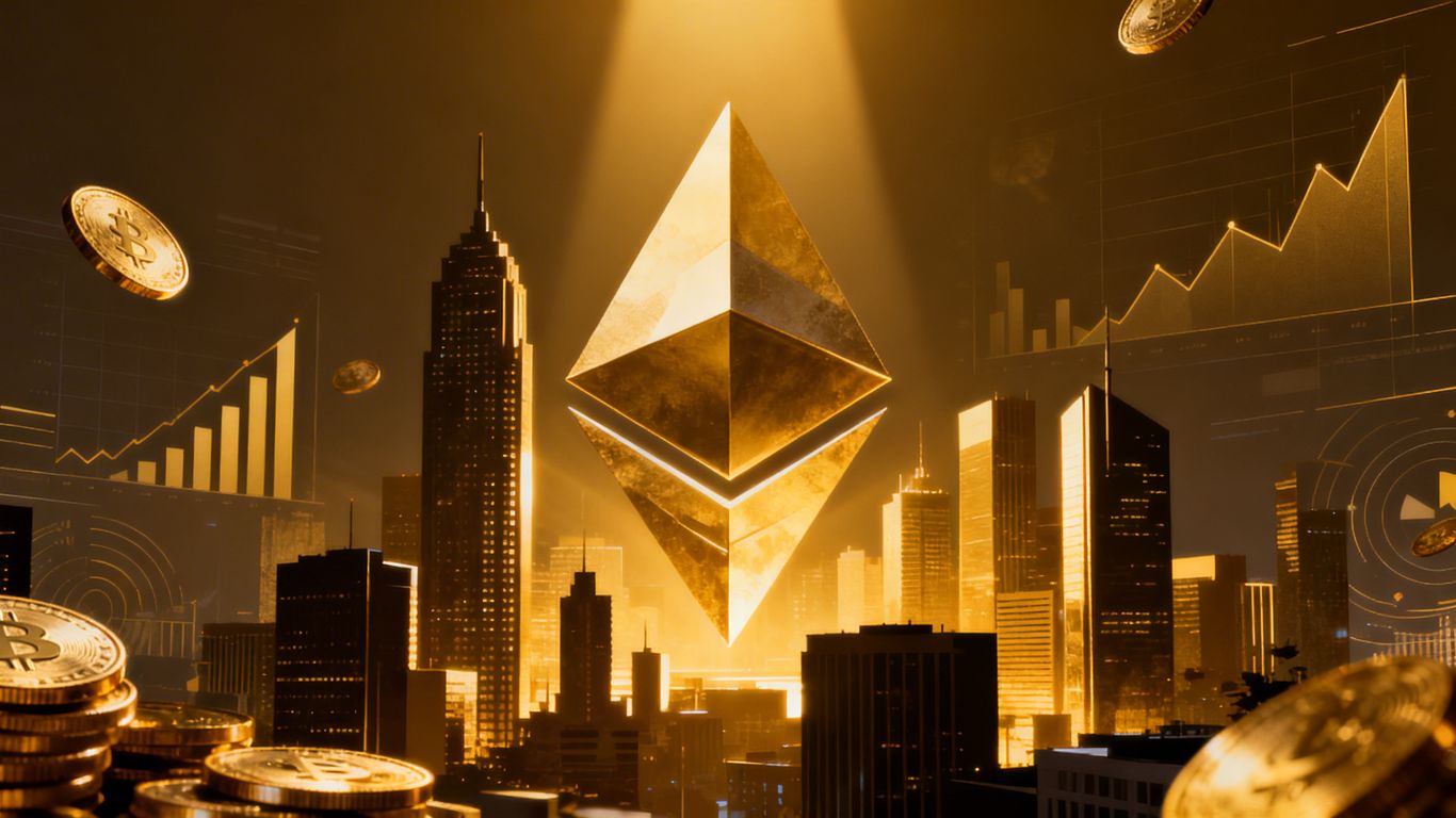 Ethereum logo integrated with financial cityscape and corporate elements.