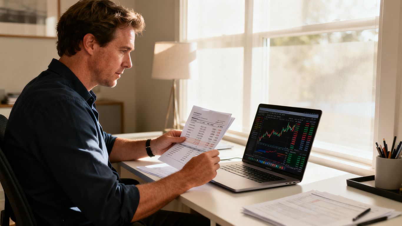 Australian trader reviewing CFD account details at desk
