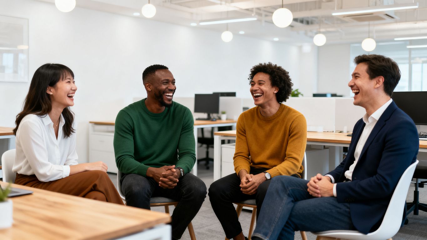 A team of support workers smiling in a room
