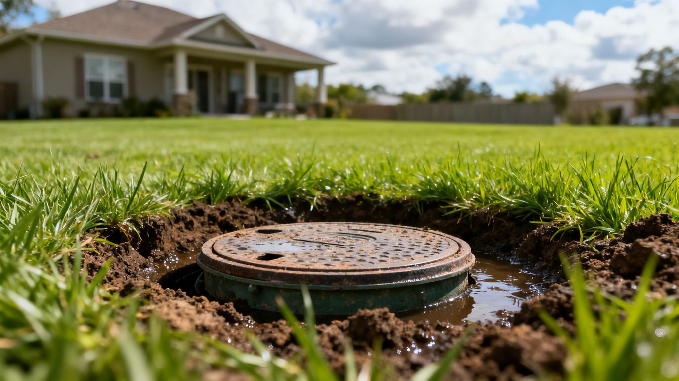 Septic tank lid in a backyard before spring rains.
