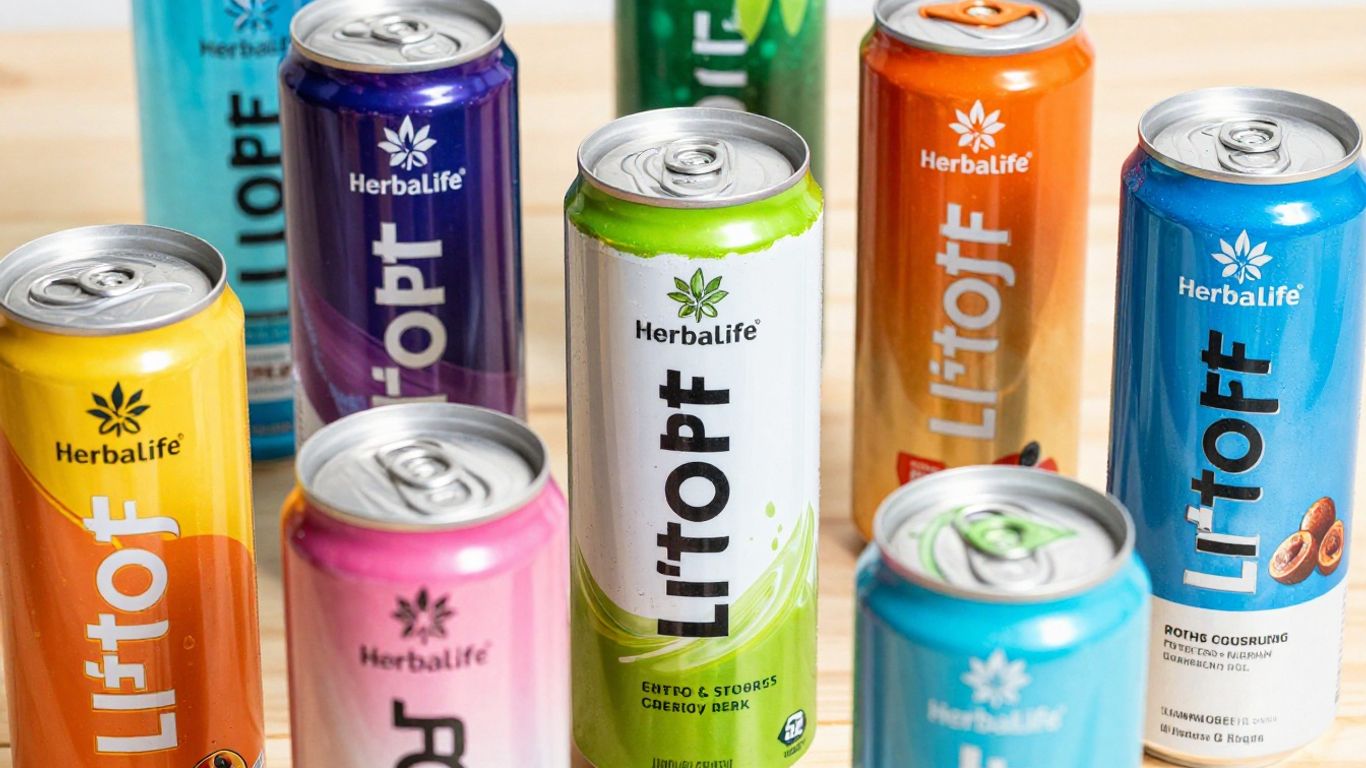 Herbalife Liftoff energy drink cans and bottles with various flavors.