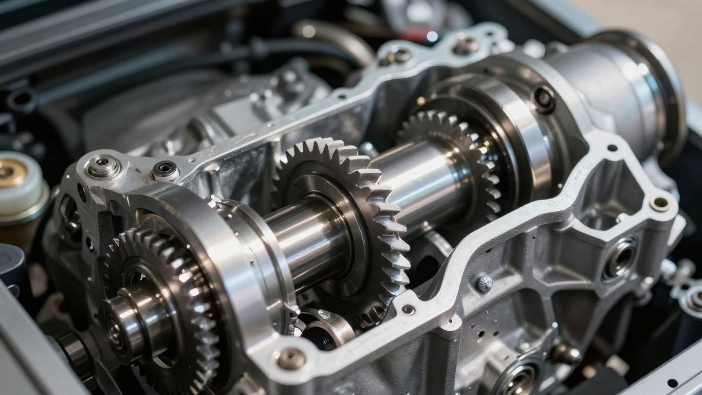 Car gearbox with intricate metal gears and shafts.