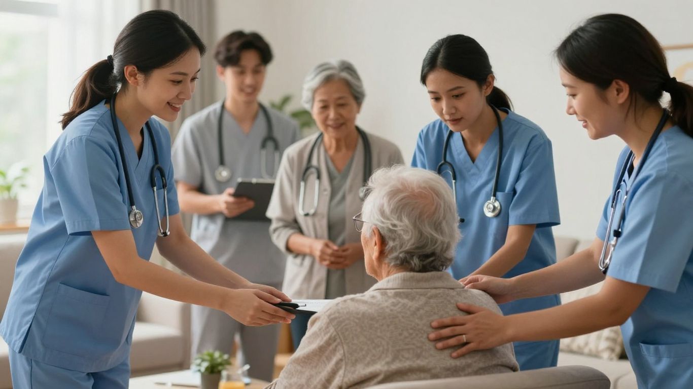 Healthcare professionals caring for an elderly patient at home.