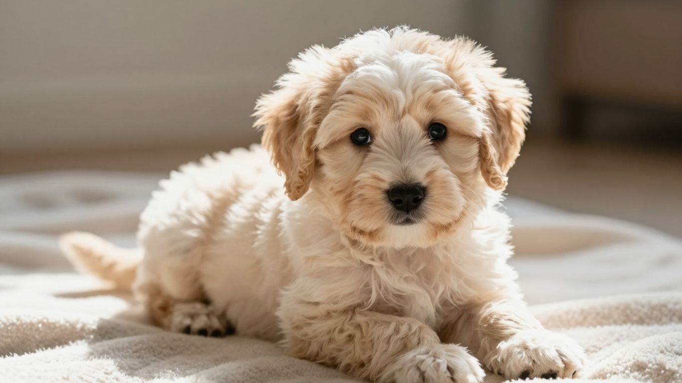 Curious Bernedoodle puppy sitting alertly on a soft blanket.