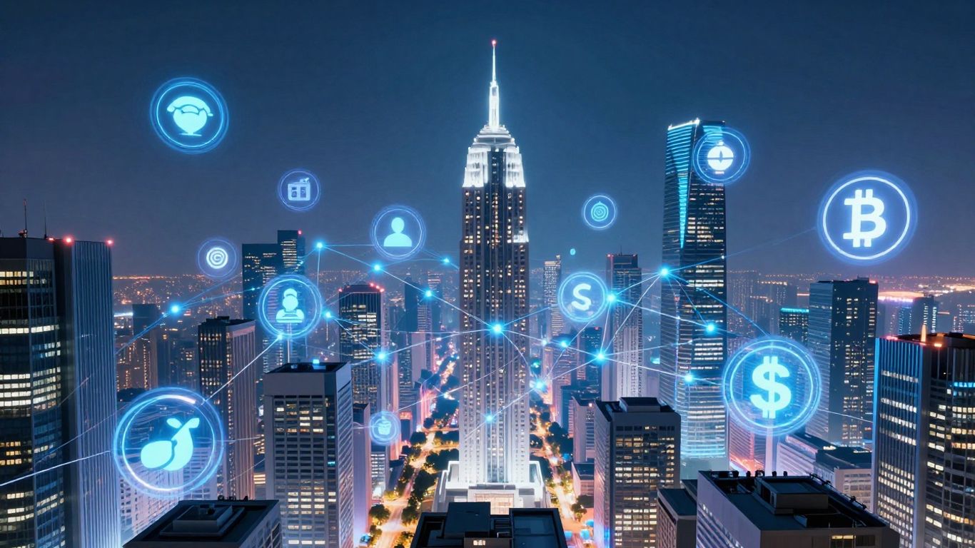 Futuristic cityscape with digital connections and crypto icons.