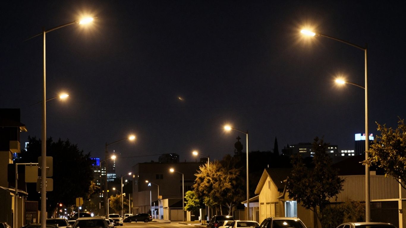 Los Angeles street with new LED streetlights at night.