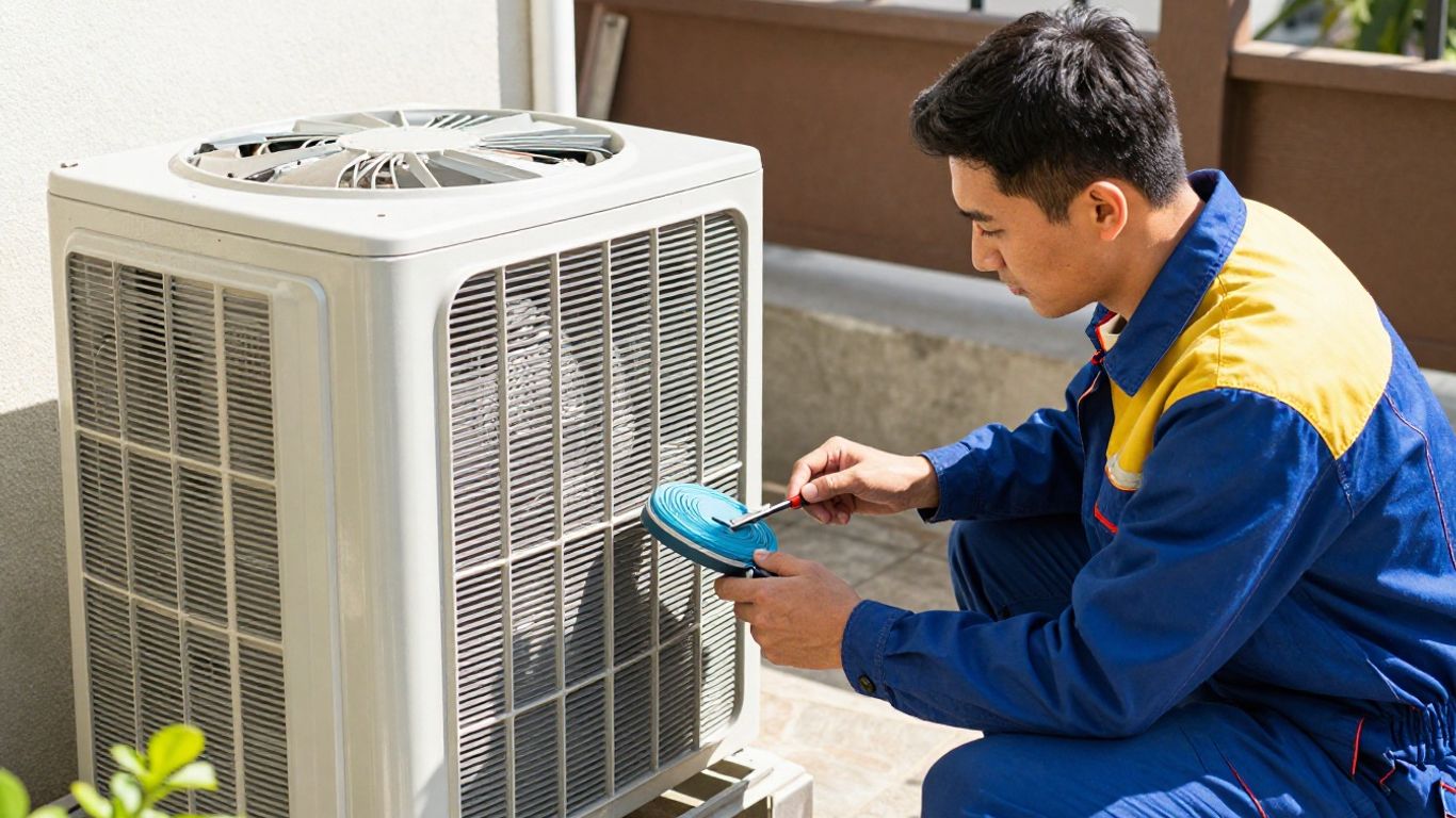 HVAC technician inspecting an air conditioning unit outdoors.
